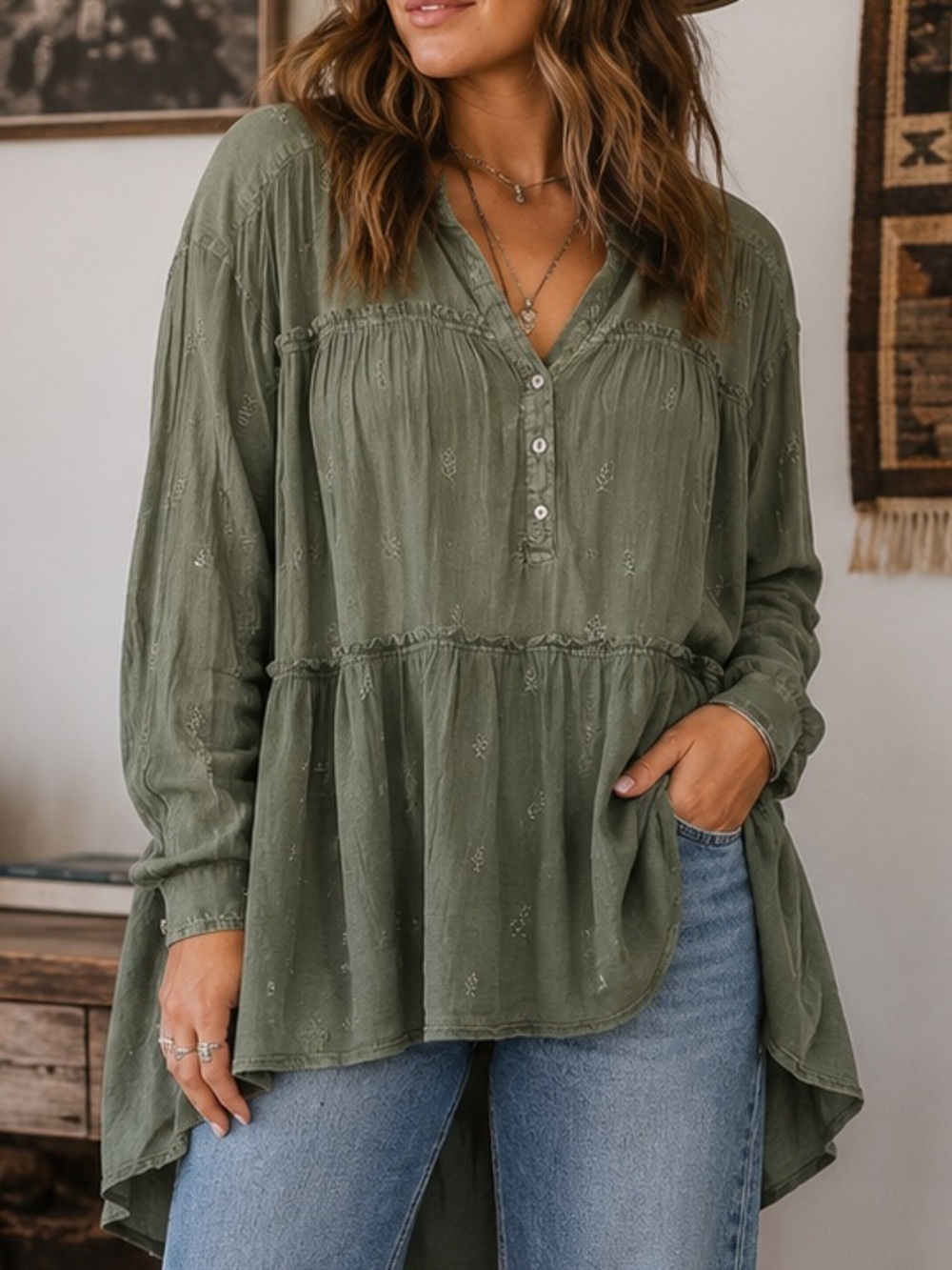 MAKE AN OFFER - SUNDANCE Eyelet Embroidered Tiered Peasant Tunic Dress Shirt